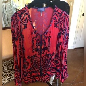 Sheer blouse with navy velvet embroidery
